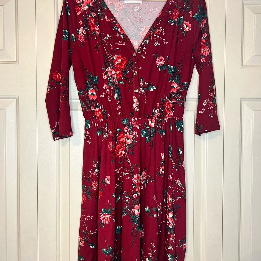 French Grey- Floral Burgundy Stretch  Dress- size XL